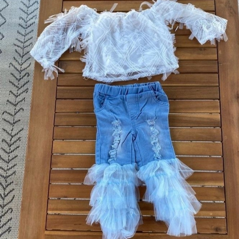 Boutique ruffle lace set off shoulder crop top denim jeans 18-24 months